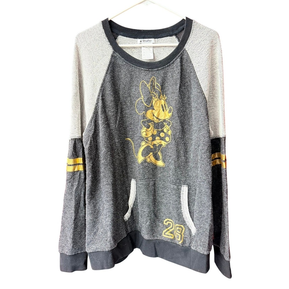 Disney Parks Sweatshirt Women XXL Gray Gold Minnie Mouse Raglan Varsity Pullover